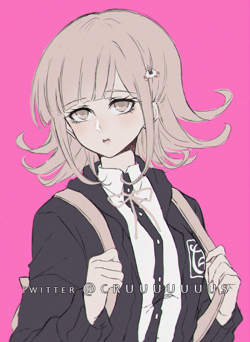 1girl alternate_breast_size backpack bag bangs black_jacket black_shirt blush collared_shirt criis-chan dangan_ronpa_(series) dangan_ronpa_2:_goodbye_despair dress_shirt eyebrows_visible_through_hair flipped_hair hair_ornament hairclip holding holding_strap jacket light_brown_hair long_sleeves looking_at_viewer nanami_chiaki neck_ribbon noise open_clothes open_jacket open_mouth pink_background pink_ribbon ribbon shirt simple_background solo symbol_commentary upper_body white_shirt