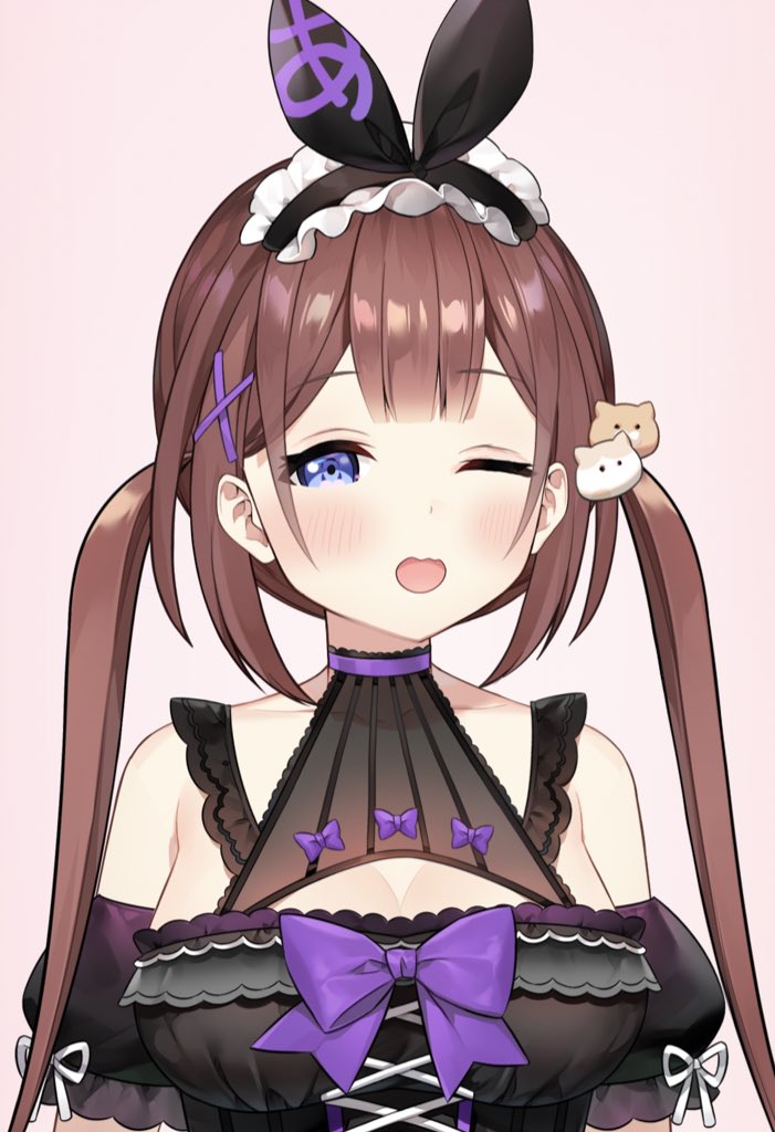 1girl ayamy ayamy_(vtuber) bangs bare_shoulders black_dress blue_eyes blunt_bangs blush bow breasts brown_hair cat_hair_ornament collared_dress dress eyebrows_visible_through_hair hair_bow hair_ornament indie_virtual_youtuber looking_at_viewer medium_breasts off-shoulder_dress off_shoulder one_eye_closed open_mouth pink_background short_sleeves sidelocks simple_background solo symbol_commentary twintails virtual_youtuber x_hair_ornament