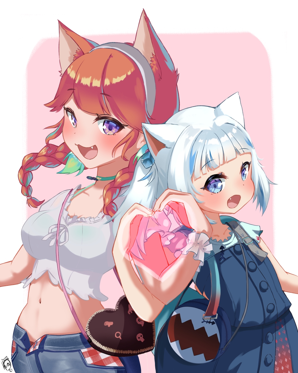 2girls :3 anchor_print animal_ears back-to-back bag bangs belt blue_eyes blue_hair blunt_bangs blush bra bra_through_clothes braid breasts cat_ears choker collarbone crop_top dress dress_shirt eyebrows_visible_through_hair fang frills gawr_gura green_bra green_eyes hairband handbag heart heart_hands heart_hands_duo height_difference highres hololive hololive_english leaning_back looking_at_viewer midriff multicolored_hair multiple_girls navel official_alternate_costume open_fly open_mouth orange_hair outside_border plaid shirt short_sleeves sideways_glance signature simple_background skirt smile square_neckline swept_bangs takanashi_kiara tsurime twin_braids two-tone_hair underwear upper_body violet_eyes white_hair white_shirt wristband yuimellow