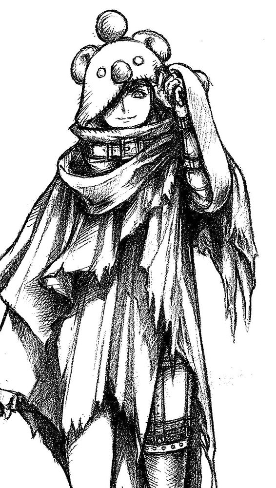 1girl adjusting_hood character_hood cloak final_fantasy final_fantasy_vii final_fantasy_vii_remake greyscale hood_over_one_eye monochrome nomura_tetsuya official_art short_shorts shorts simple_background single_thighhigh sketch smile solo standing thigh-highs yuffie_kisaragi