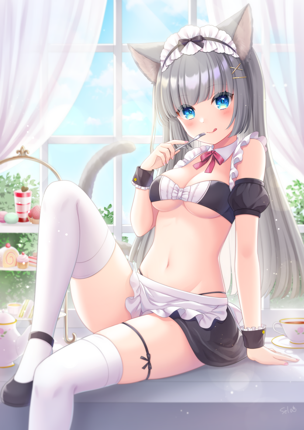 1girl :q animal_ears apron artist_name black_footwear black_skirt blue_eyes breasts cake cat_ears cat_girl cat_tail commentary_request cup curtains day detached_collar detached_sleeves food fork frilled_apron frilled_hairband frills hairband highres holding holding_fork indoors knee_up long_hair looking_at_viewer maid maid_headdress mary_janes medium_breasts midriff miniskirt nail_polish navel original puffy_short_sleeves puffy_sleeves shoes short_sleeves signature silver_hair sitting_in_window skirt smile solo stardrop sweets tail tea teacup teapot thigh-highs thigh_strap tongue tongue_out under_boob white_legwear window windowsill wrist_cuffs