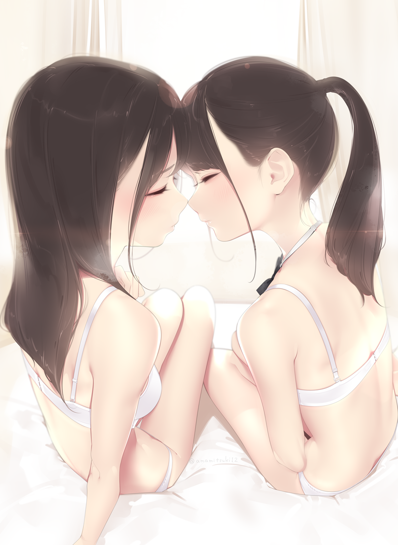 2girls ama_mitsuki arm_support back bare_shoulders blush bra brown_hair closed_eyes face-to-face from_behind imminent_kiss indoors long_hair multiple_girls original panties ponytail shoulder_blades sitting underwear underwear_only white_bra white_panties yuri