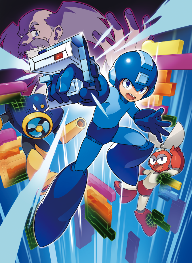 4boys :d air_man android arm_cannon black_bodysuit blue_bodysuit blue_footwear blue_gloves blue_headwear bodysuit boots commentary_request cut_man dr._wily_(mega_man) facial_hair fingernails floating glint gloves grey_bodysuit grey_hair grin hand_up helmet holding kin_niku male_focus mega_man_(character) mega_man_(classic) mega_man_(series) mega_man_1 mega_man_2 multiple_boys mustache official_art old old_man open_mouth outline red_eyes red_footwear red_gloves red_outline short_hair smile speed_lines teeth upper_teeth weapon yellow_footwear