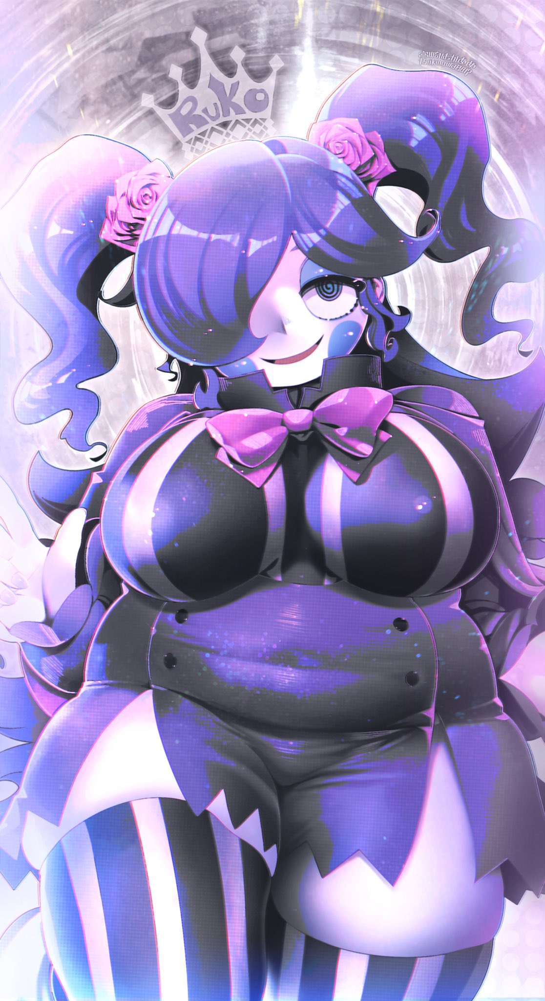 1girl @_@ belly bow breasts character_name covered_navel crown fat hair_over_one_eye hakkasame highres indie_virtual_youtuber large_breasts looking_at_viewer mime one_eye_covered open_mouth pale_skin purple_bow shizuoka_ruko skindentation smile solo thigh-highs twintails virtual_youtuber