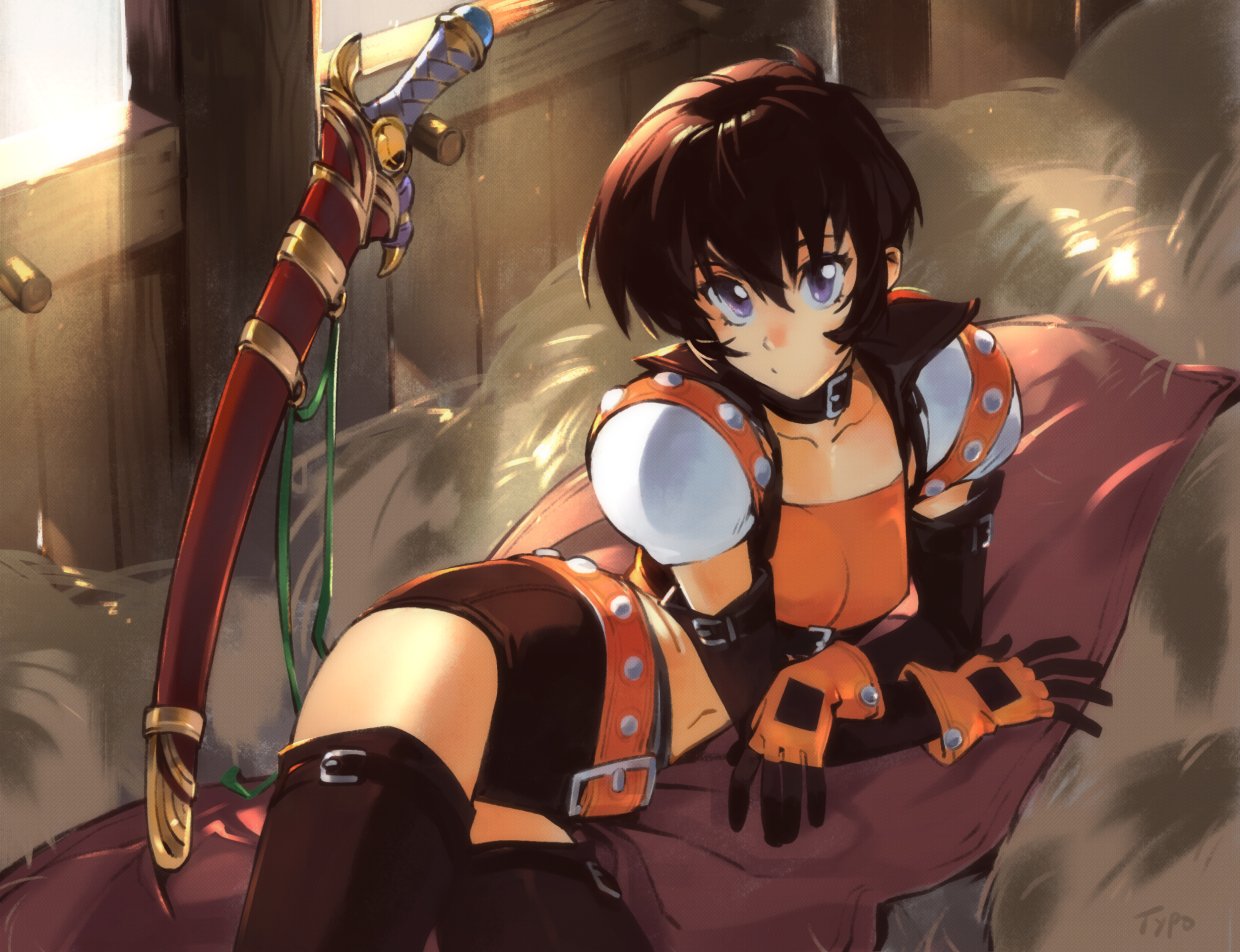 1girl belt black_hair blanket choker english_commentary gloves hair_between_eyes hay leather_choker looking_at_viewer lying midriff navel on_side optionaltypo rutee_katrea sheath sheathed short_hair shorts solo sword tales_of_(series) tales_of_destiny thigh-highs violet_eyes weapon