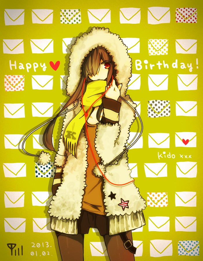 alternate_costume bad_id bad_pixiv_id character_name earphones happy_birthday hood hoodie jacket kagerou_project kido_tsubomi letter long_hair original pantyhose pom_pom_(clothes) red_eyes scarf shorts solo wire