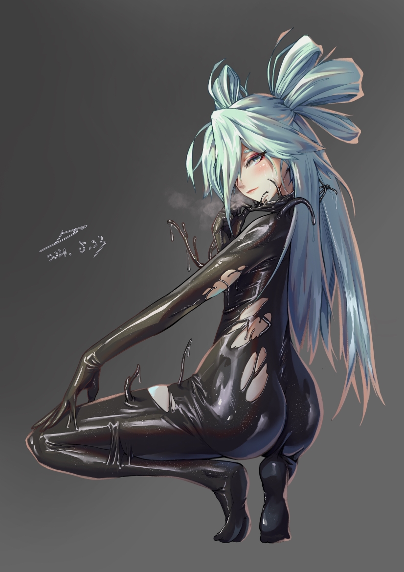 1girl ass blush bodysuit girls_frontline heavy_breathing latex light_blue_hair living_clothes long_hair maoge pa-15_(girls_frontline) slime_(substance) solo squatting very_long_hair