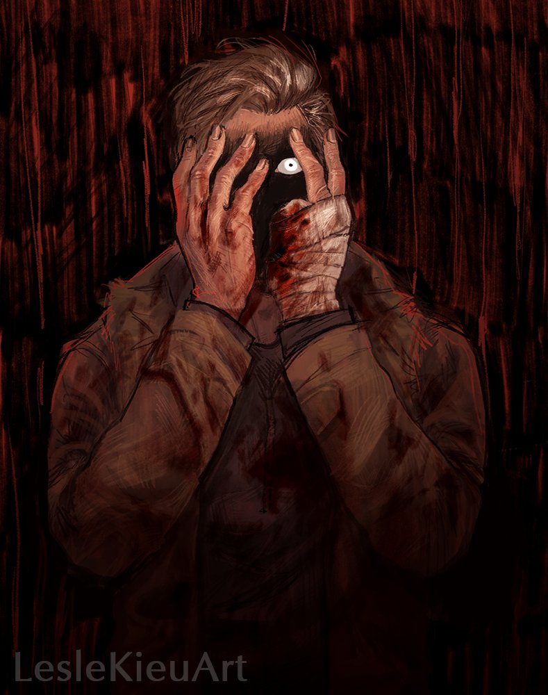 1boy artist_name bandaged_hand blonde_hair blood blood_stain bloody_clothes covering_face dark_background ethan_winters fewer_digits injury jacket lesle_kieu looking_at_viewer resident_evil resident_evil_village shaded_face solo upper_body yellow_jacket