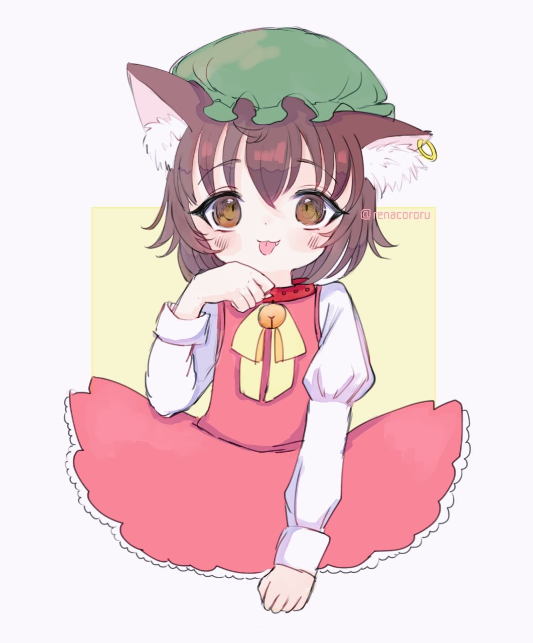 1girl :3 :p animal_ear_fluff animal_ears bell brown_eyes brown_hair cat_ears chen collar cowboy_shot cropped_legs dress fang hand_up hat highres jewelry jingle_bell juliet_sleeves long_sleeves looking_at_viewer mob_cap paw_pose puffy_sleeves red_dress renakobonb simple_background single_earring solo tongue tongue_out touhou white_background