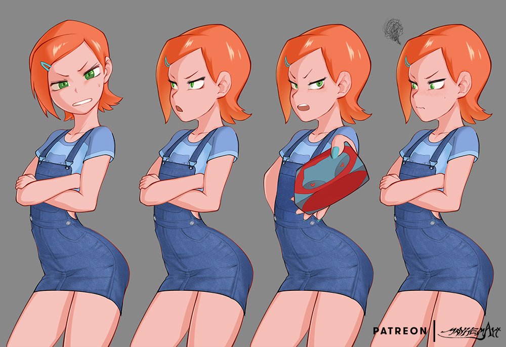 1girl angry ben_10 blush cartoon_network crossed_arms embarrassed flat_chest gift green_eyes gwendolyn_tennyson hair_ornament hairclip mayhem_art nail_polish orange_hair overalls progression short_hair tsundere turner_entertainment valentine