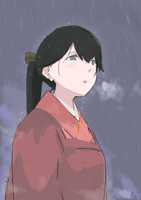 1girl bangs black_hair blue_eyes bow clouds cloudy_sky commentary_request dark_clouds from_side green_bow hair_between_eyes hair_bow houshou_(kancolle) japanese_clothes kantai_collection kimono long_hair looking_away looking_to_the_side michiyuki mihama_machi parted_lips rain red_kimono signature sky solo upper_body water_drop wet wet_clothes wet_hair