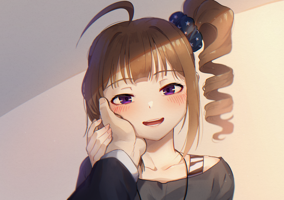1boy 1girl :d bangs black_shirt blue_scrunchie blush commentary drill_hair eyebrows_visible_through_hair hair_ornament hair_scrunchie half-closed_eyes hand_on_another's_cheek hand_on_another's_face hand_on_another's_hand idolmaster idolmaster_million_live! jewelry kamille_(vcx68) looking_at_viewer medium_hair necklace open_mouth pov print_scrunchie scrunchie shirt shirt_straps side_drill smile star_(symbol) star_print violet_eyes yokoyama_nao