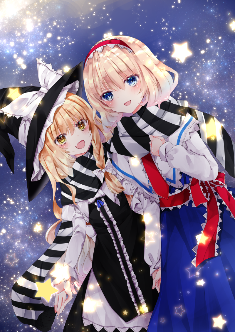 2girls :d alice_margatroid bangs black_dress black_headwear blonde_hair blue_dress blue_eyes blush bow capelet center_frills diagonal_stripes dress dutch_angle eyebrows_visible_through_hair fang frills fringe_trim hair_between_eyes hairband hand_up hat hat_bow kirisame_marisa long_sleeves multiple_girls nanase_nao open_mouth red_bow red_hairband scarf sky smile star_(sky) star_(symbol) starry_sky striped striped_scarf touhou white_bow white_capelet witch_hat yellow_eyes
