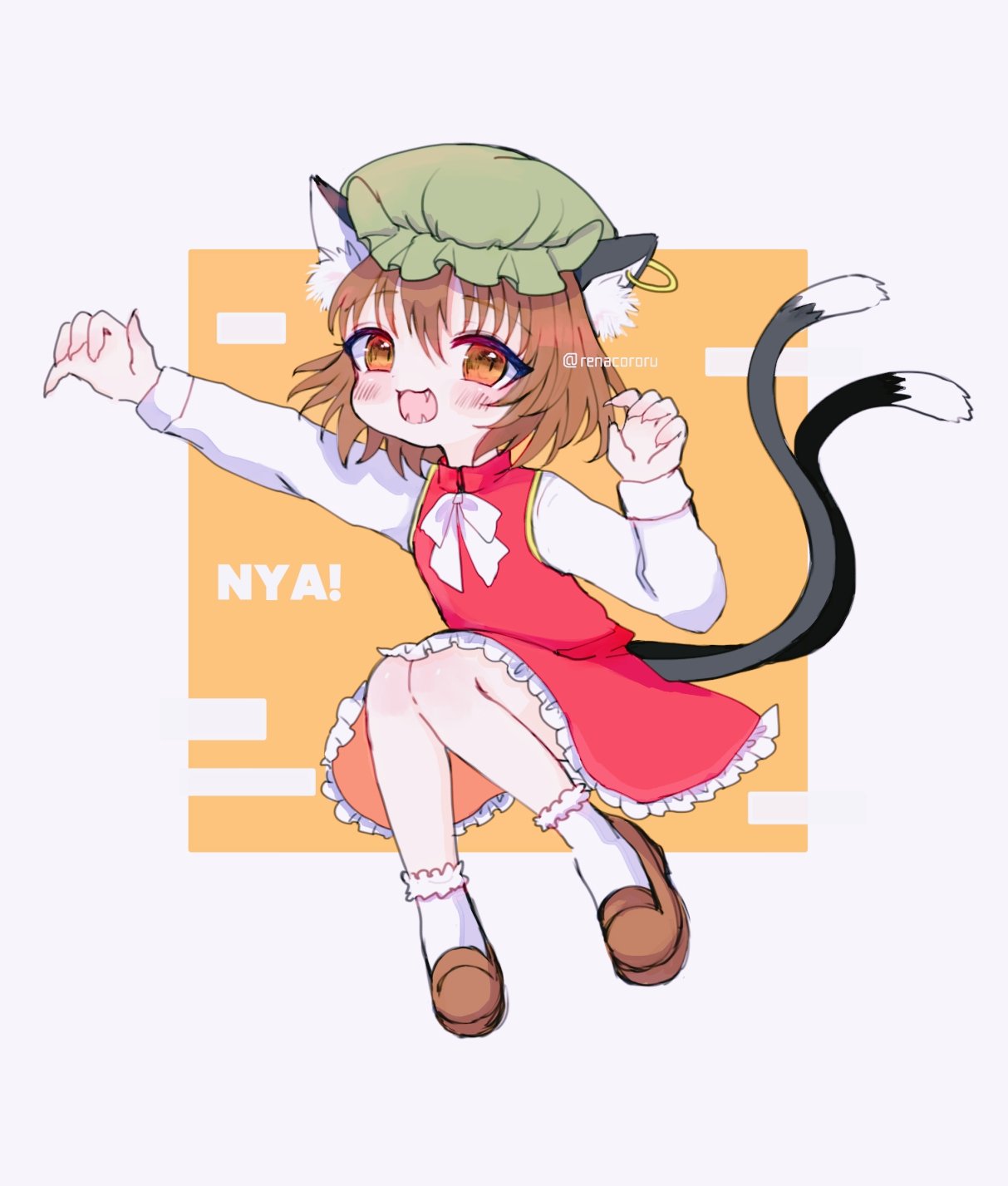 1girl :d animal_ear_fluff animal_ears blush bow bowtie brown_eyes brown_hair cat_ears cat_tail chen claw_pose dress fangs full_body gold_trim hat highres jewelry mob_cap multiple_tails nekomata nyan open_mouth red_dress renakobonb short_hair simple_background single_earring smile solo tail touhou two_tails white_background white_neckwear