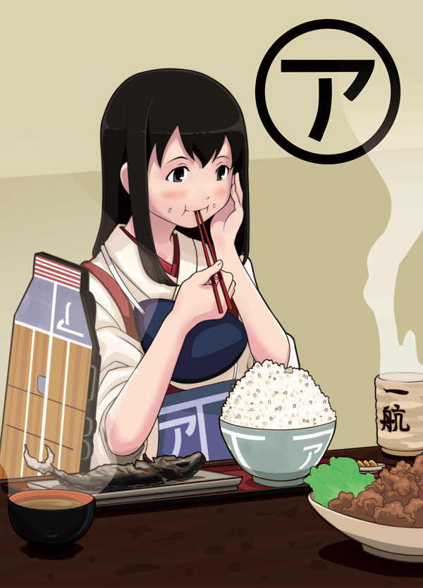 1girl akagi_(kancolle) blush bowl brown_eyes brown_hair chopsticks chopsticks_in_mouth commentary_request cup eating fish food food_on_face grilled_fish hair_down hand_on_own_face holding holding_chopsticks kantai_collection long_hair mihama_machi miso_soup muneate nontraditional_miko plated rice rice_on_face salad saury solo steam table tea teacup upper_body