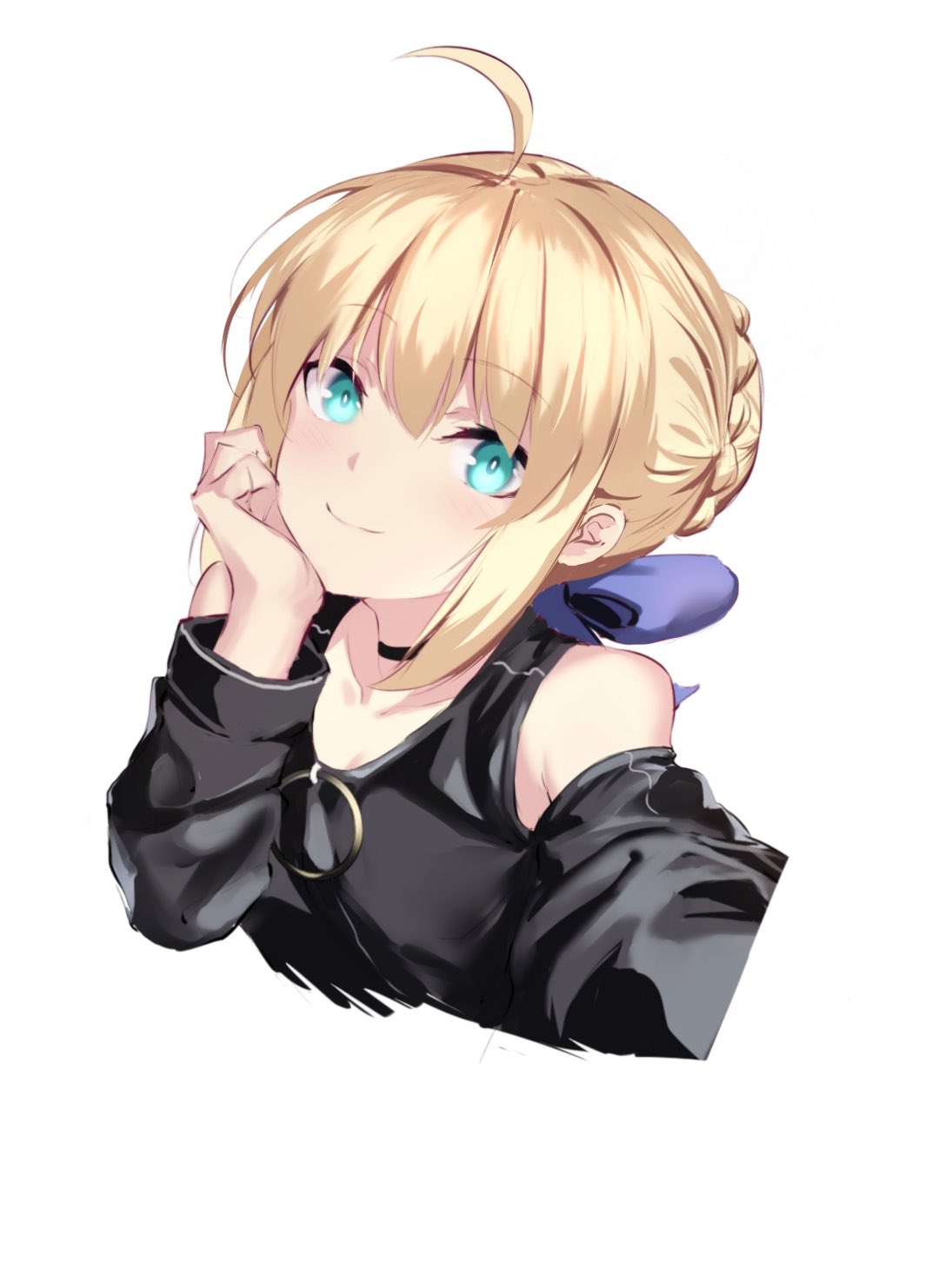 1girl ahoge artoria_pendragon_(all) bangs blush breasts fate/stay_night fate_(series) highres long_hair long_sleeves looking_at_viewer saber simple_background smile spider_apple white_background