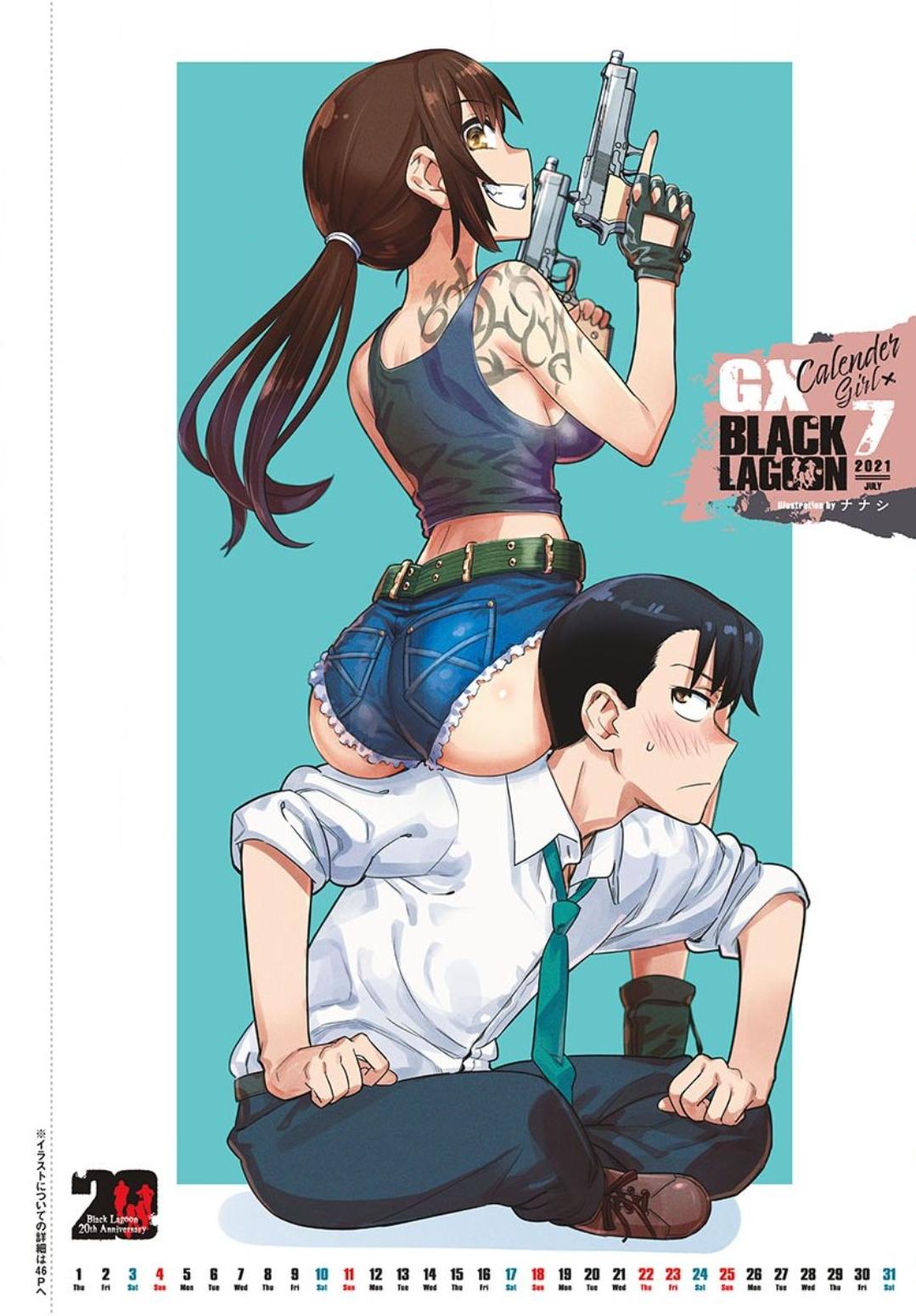 1boy 1girl 2021 774_(nanashi) ass belt beretta_92 black_gloves black_hair black_lagoon blue_shorts blush boots breasts brown_eyes brown_hair calendar_(medium) collared_shirt combat_boots cutoffs denim denim_shorts dual_wielding fang fingerless_gloves full_body gloves grin gun handgun highres holding holding_gun holding_weapon indian_style large_breasts long_hair low_ponytail necktie no_bra nose_blush okajima_rokuro pistol revy_(black_lagoon) scan shirt short_shorts shorts shoulder_tattoo sideboob sideways_mouth sitting sitting_on_person sleeves_pushed_up smile studded_belt sweatdrop tank_top tattoo trigger_discipline weapon white_shirt