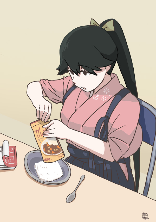 1girl bangs black_hair bow chair commentary_request curry curry_rice empty_eyes eyebrows_visible_through_hair folding_chair food green_bow hair_bow houshou_(kancolle) instant_curry_rice japanese_clothes kantai_collection kimono long_hair mihama_machi opening parted_lips plate ponytail rice ripping simple_background sleeves_rolled_up solo spoon table yellow_background