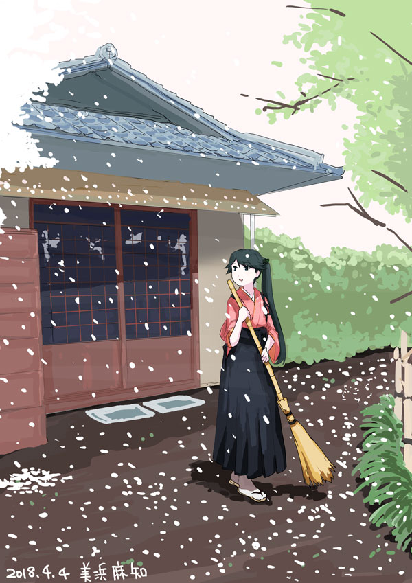 1girl architecture bangs black_hair black_skirt bow broom cherry_blossoms commentary_request dated door east_asian_architecture eyebrows_visible_through_hair full_body grass hair_between_eyes hair_bow holding houshou_(kancolle) japanese_clothes kantai_collection kimono long_hair long_skirt long_sleeves looking_to_the_side mihama_machi okobo open_mouth petals pleated_skirt ponytail shadow signature skirt smile solo standing sweeping tree_branch