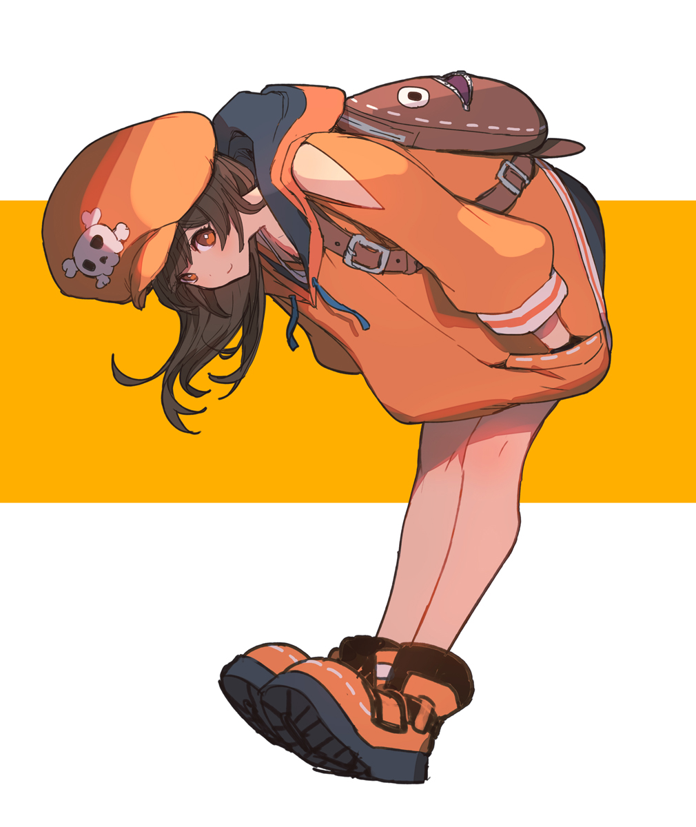 1girl backpack bag bare_legs bent_over brown_eyes brown_hair cabbie_hat guilty_gear guilty_gear_strive hand_in_pocket hat highres jacket long_sleeves looking_at_viewer may_(guilty_gear) orange_headwear orange_jacket oro_(sumakaita) simple_background skull_and_crossbones solo