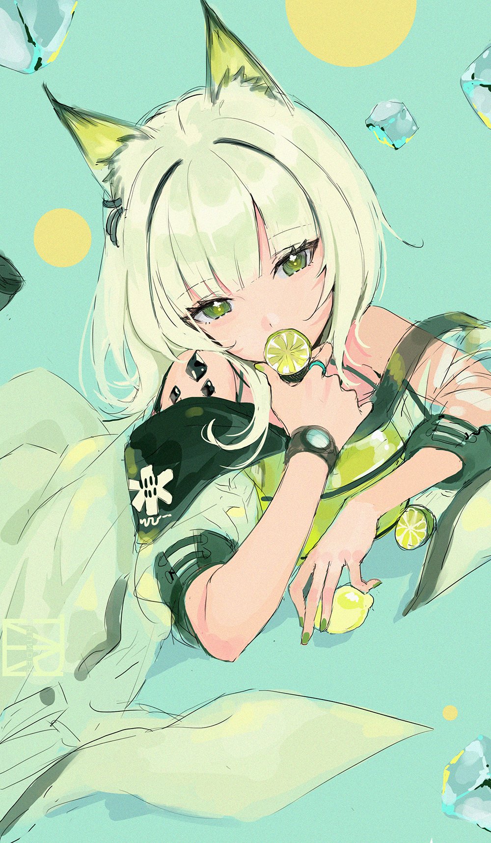 1girl arknights commentary dress food fruit green_background green_dress green_eyes green_hair green_nails highres holding holding_food holding_fruit ice ice_cube kal'tsit_(arknights) lemon looking_at_viewer lying lynx_ears majiang medium_hair off-shoulder_dress off_shoulder oripathy_lesion_(arknights) solo upper_body