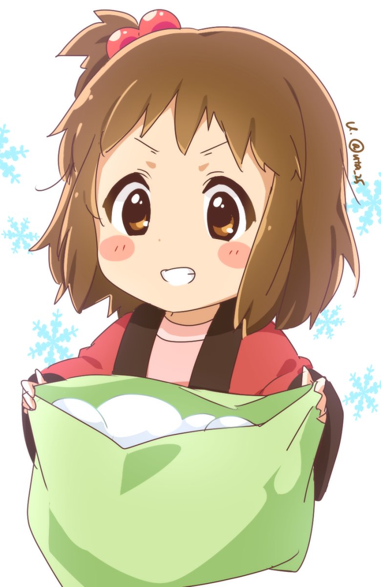 1girl atu bangs blush blush_stickers brown_eyes brown_hair child commentary_request grin hairstyle_request highres hirasawa_yui holding japanese_clothes k-on! kimono long_sleeves looking_at_viewer pink_shirt red_kimono shirt simple_background smile snow snowflakes solo teeth twitter_username upper_body white_background