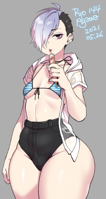 1girl agawa_ryou amemiya_tamayo bikini black_hair black_shorts breasts brown_eyes curvy dated denim denim_shorts eating food grey_background groin hair_over_one_eye high-waist_shorts jacket lipstick looking_at_viewer makeup numbered original parted_lips popsicle purple_hair see-through short_hair short_shorts shorts simple_background small_breasts solo striped striped_bikini swimsuit thick_thighs thighs wide_hips