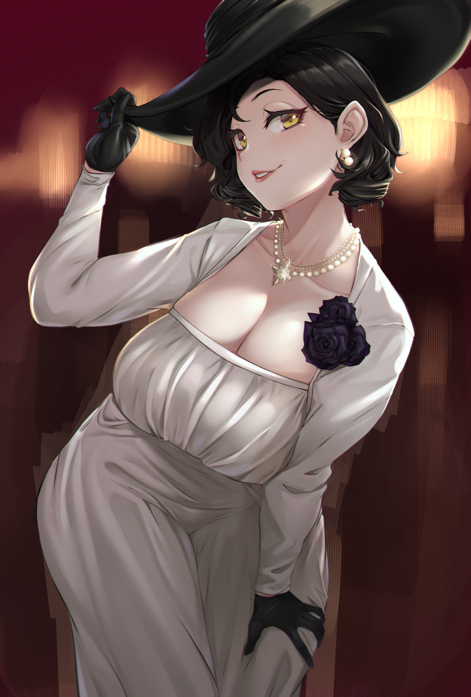 1girl alcina_dimitrescu bangs black_hair blush breasts collarbone curvy hat highres large_breasts looking_at_viewer moisture_(chichi) pale_skin red_lips resident_evil resident_evil_village short_hair smile sun_hat yellow_eyes