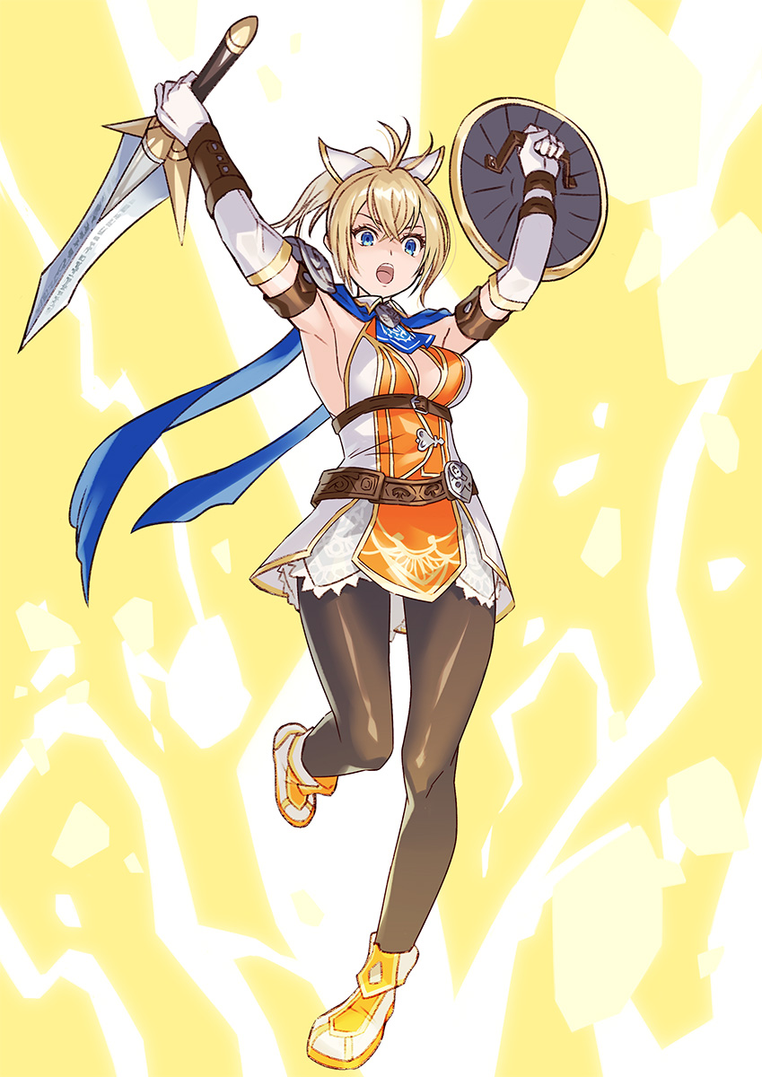 1girl armband armpits arms_up belt blonde_hair blue_eyes blue_scarf brown_legwear cassandra_alexandra cleavage_cutout clothing_cutout commentary_request elbow_gloves female full_body gloves hair_ribbon highres holding holding_shield holding_sword holding_weapon multiple_belts open_mouth pantyhose ponytail ribbon scarf shield short_sword skirt sleeveless solo soulcalibur soulcalibur_vi sword upper_teeth weapon white_gloves yagi2013