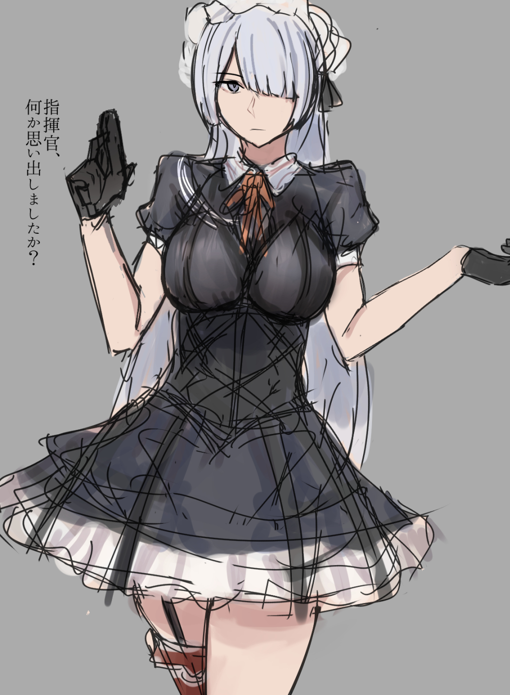 1girl ak-15_(girls_frontline) alternate_costume asymmetrical_legwear bangs black_gloves breasts cosplay cowboy_shot dress expressionless garter_straps girls_frontline gloves gothic_lolita gun hair_over_one_eye handgun highres large_breasts lolita_fashion long_hair mizukamakiri ppk_(girls_frontline) ppk_(girls_frontline)_(cosplay) puffy_short_sleeves puffy_sleeves short_sleeves silver_hair single_thighhigh solo thigh-highs very_long_hair violet_eyes walther walther_ppk weapon