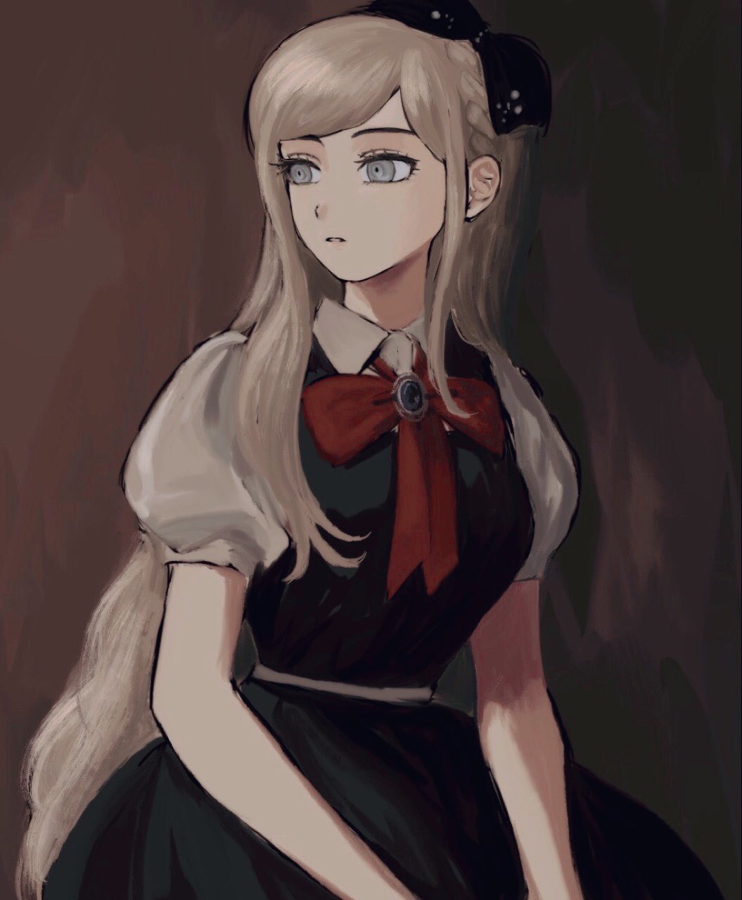 1girl arms_at_sides bangs black_bow blonde_hair bow braid brown_background cowboy_shot dangan_ronpa_(series) dangan_ronpa_2:_goodbye_despair dress french_braid grey_eyes hair_bow hair_ornament highres looking_to_the_side parted_lips puffy_short_sleeves puffy_sleeves red_bow red_neckwear renshu_usodayo ribbon shirt short_sleeves smile solo sonia_nevermind upper_body white_shirt