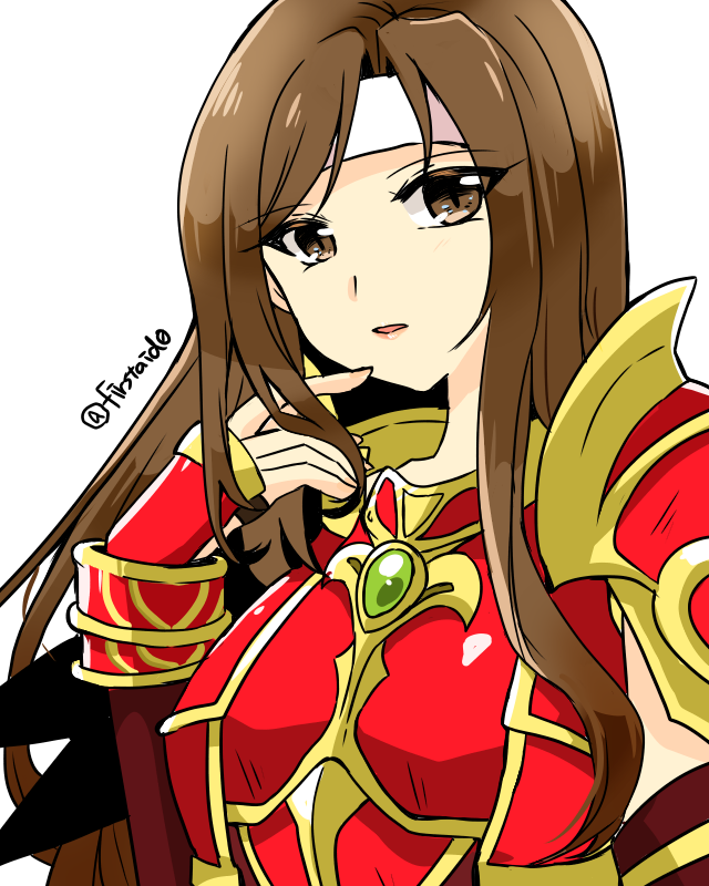 1girl altena_(fire_emblem) armor bangs breastplate brown_eyes brown_hair fire_emblem fire_emblem:_genealogy_of_the_holy_war headband lips long_hair looking_at_viewer open_mouth parted_bangs shoulder_armor simple_background solo solo_focus white_background white_headband yukia_(firstaid0)