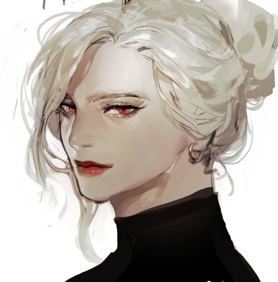 1other androgynous black_shirt closed_mouth earrings hair_bun hairband jewelry lipstick looking_at_viewer makeup original pigeon666 portrait red_eyes red_lips shirt simple_background smile solo turtleneck white_background white_hairband