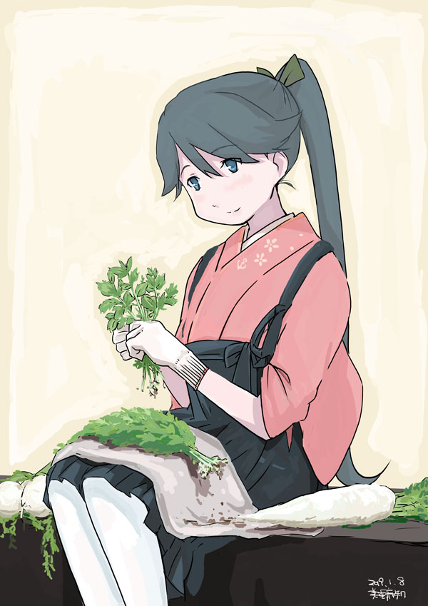 1girl bangs black_hair blue_eyes bow closed_mouth commentary_request cooking daikon dated eyebrows_visible_through_hair eyes_visible_through_hair floral_print full_body gloves hair_between_eyes hair_bow holding houshou_(kancolle) japanese_clothes kantai_collection kimono long_hair looking_down mihama_machi pantyhose ponytail red_kimono signature sitting smile solo white_legwear yellow_background