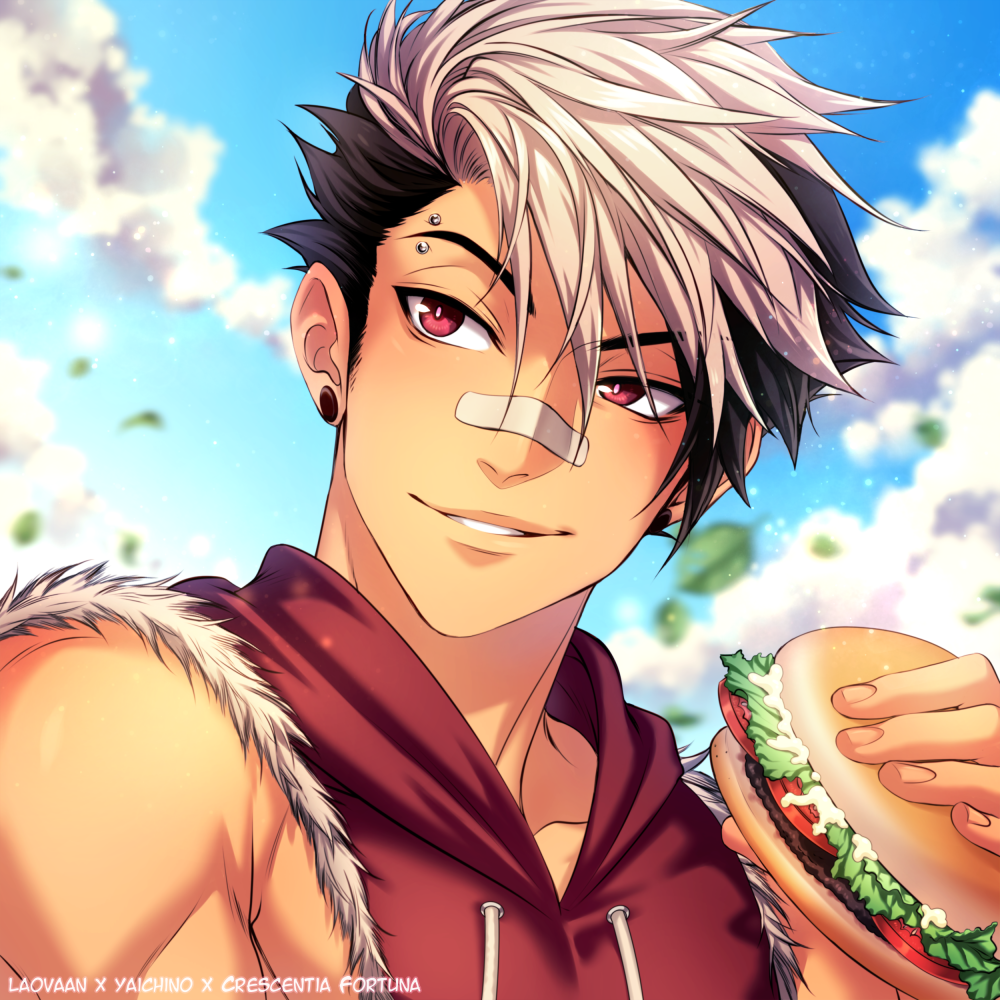 1boy black_hair blue_sky burger clouds cloudy_sky crescentia_fortuna drawstring earrings eyebrow_piercing food holding holding_food hood hood_down hoodie jewelry leaf lettuce male_focus multicolored_hair original parted_lips piercing red_eyes red_hoodie sky sleeveless smile solo tomato two-tone_hair upper_body white_hair