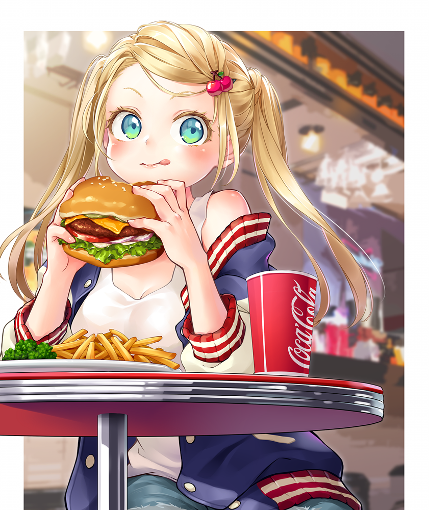 1girl aqua_eyes blonde_hair blush burger cheese cherry_hair_ornament coca-cola commentary_request cup food food-themed_hair_ornament french_fries hair_ornament holding holding_food indoors lettuce off_shoulder original panndarake reflection shadow sitting solo table tank_top tongue tongue_out twintails upper_body white_tank_top