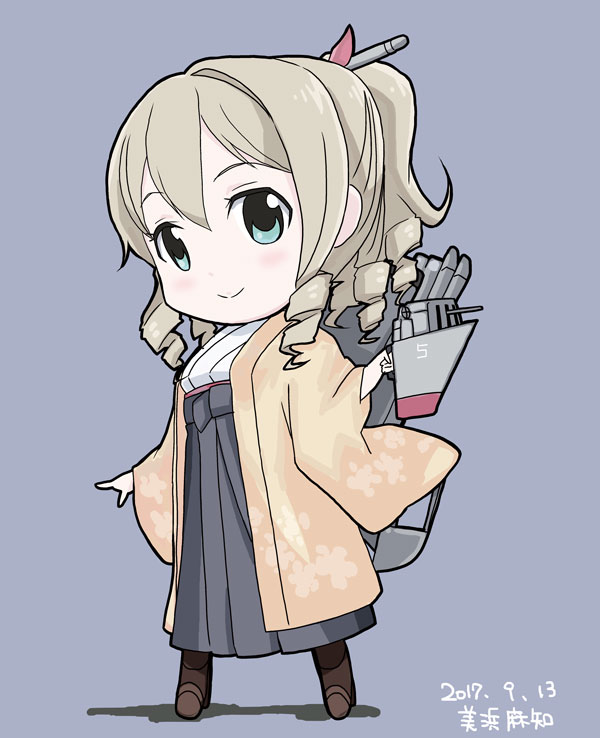 1girl bangs blonde_hair blue_eyes boots brown_footwear chibi closed_mouth commentary_request curly_hair dated eyebrows_visible_through_hair floral_print grey_background grey_skirt hair_between_eyes hair_ornament hairpin hatakaze_(kancolle) holding holding_weapon japanese_clothes kantai_collection kimono light_blush long_skirt long_sleeves looking_at_viewer machinery mihama_machi pleated_skirt ponytail shadow signature simple_background skirt smile solo torpedo torpedo_tubes weapon yellow_kimono