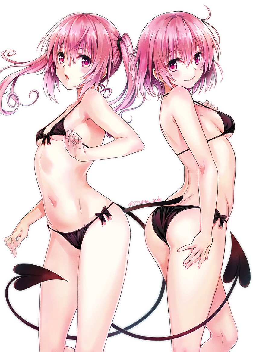 2girls ahoge ass back-to-back bikini black_bikini blush breasts commentary demon_tail front-tie_top isshi_pyuma long_hair looking_at_viewer medium_breasts momo_velia_deviluke multiple_girls nana_asta_deviluke navel open_mouth pink_eyes pink_hair short_hair siblings side-tie_bikini sisters small_breasts smile standing swimsuit tail to_love-ru to_love-ru_darkness twins twintails