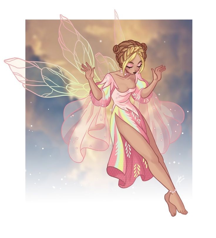 1girl bangs blonde_hair brown_hair closed_eyes clouds dark-skinned_female dark_skin double_bun dress fairy fairy_wings feeny feet_together floating flora_(winx_club) flying highlights multicolored_hair pink_dress pixie sky solo storm streaked_hair wings winx_club