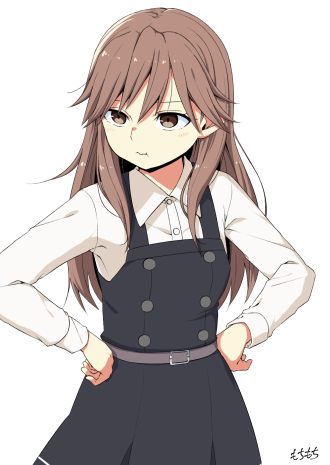 1girl arashio_(kancolle) black_dress blush brown_eyes brown_hair buttons closed_mouth collared_shirt dress hair_between_eyes kantai_collection long_hair moti_coi pinafore_dress remodel_(kantai_collection) shirt signature simple_background solo upper_body white_background white_shirt