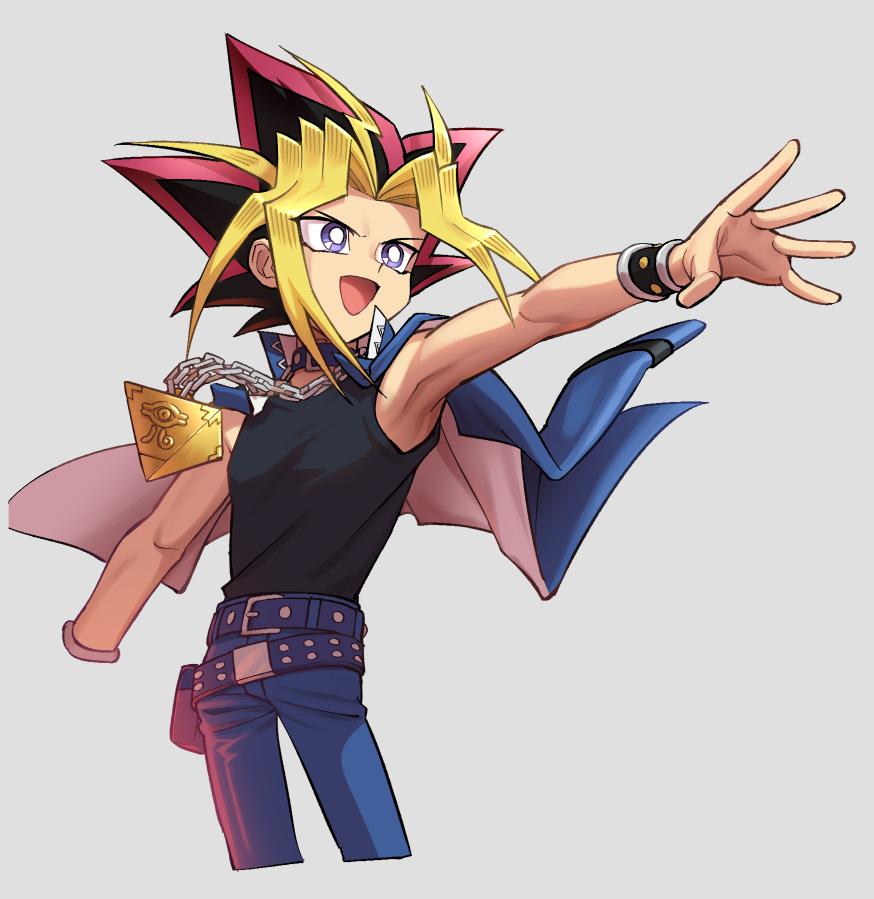 1boy :d armpits belt black_hair black_shirt blonde_hair blue_pants bracelet bright_pupils chain commentary_request grey_background jacket jacket_on_shoulders jewelry koma_yoichi looking_to_the_side male_focus millennium_puzzle open_mouth outstretched_arm pants purple_hair shirt smile solo spread_fingers violet_eyes white_pupils yami_yuugi yu-gi-oh!
