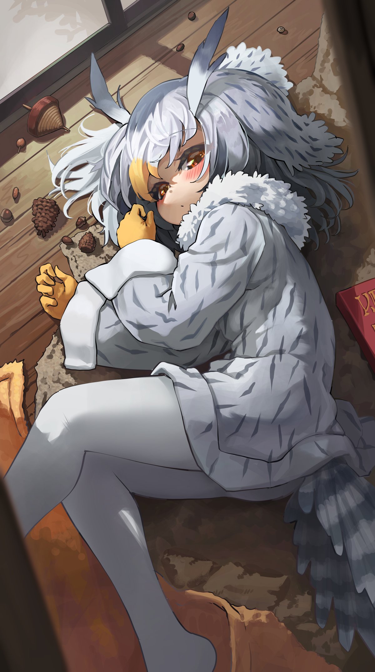 bird_girl bird_tail bird_wings blonde_hair blush coat eyebrows_visible_through_hair fur_collar gloves grey_hair hair_between_eyes head_wings highres kemono_friends long_sleeves looking_at_viewer lying melaton multicolored_hair no_shoes northern_white-faced_owl_(kemono_friends) on_floor on_side orange_eyes owl_ears pantyhose short_hair tail white_coat white_fur white_hair white_legwear wings winter_clothes winter_coat yellow_gloves