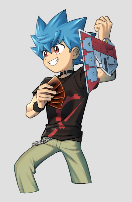 1boy bangs black_wristband blue_hair card chain character_request choker clenched_hand commentary_request duel_disk green_pants grin hair_between_eyes holding holding_card koma_yoichi male_focus pants red_eyes shirt short_hair short_sleeves smile solo spiky_hair t-shirt wristband yu-gi-oh!
