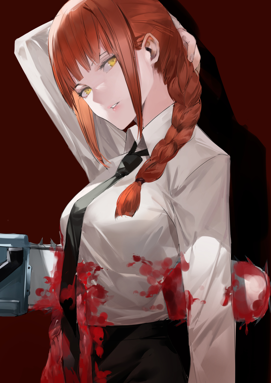 1girl bangs black_neckwear black_pants blazpu blood braid braided_ponytail breasts business_suit chainsaw chainsaw_man collared_shirt dress_shirt formal highres large_breasts long_hair long_sleeves looking_at_viewer makima_(chainsaw_man) neckwear pants ringed_eyes shirt shirt_tucked_in suit white_shirt