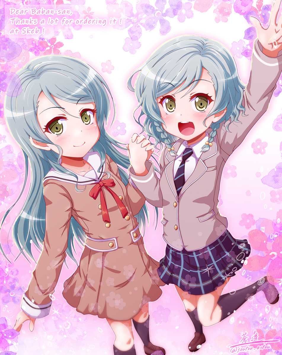 2girls :d aqua_hair arm_up bang_dream! bangs black_legwear blazer blue_neckwear blue_skirt blush bow braid breasts brown_dress brown_footwear buttons closed_mouth collared_shirt commentary_request commission double-breasted dress english_text eyebrows_visible_through_hair floral_background foreshortening full_body green_eyes grey_jacket hair_between_eyes hair_bow hanasakigawa_school_uniform haneoka_school_uniform highres hikawa_hina hikawa_sayo holding_hands jacket kneehighs long_hair long_sleeves looking_at_viewer multiple_girls neck_ribbon necktie open_mouth plaid plaid_skirt pleated_skirt purple_background red_neckwear ribbon sailor_dress school_uniform shirt shoes short_hair siblings side_braids sidelocks signature sisters skeb_commission skirt small_breasts smile soutou standing standing_on_one_leg striped striped_neckwear swept_bangs twins twitter_username upper_teeth v white_background white_shirt