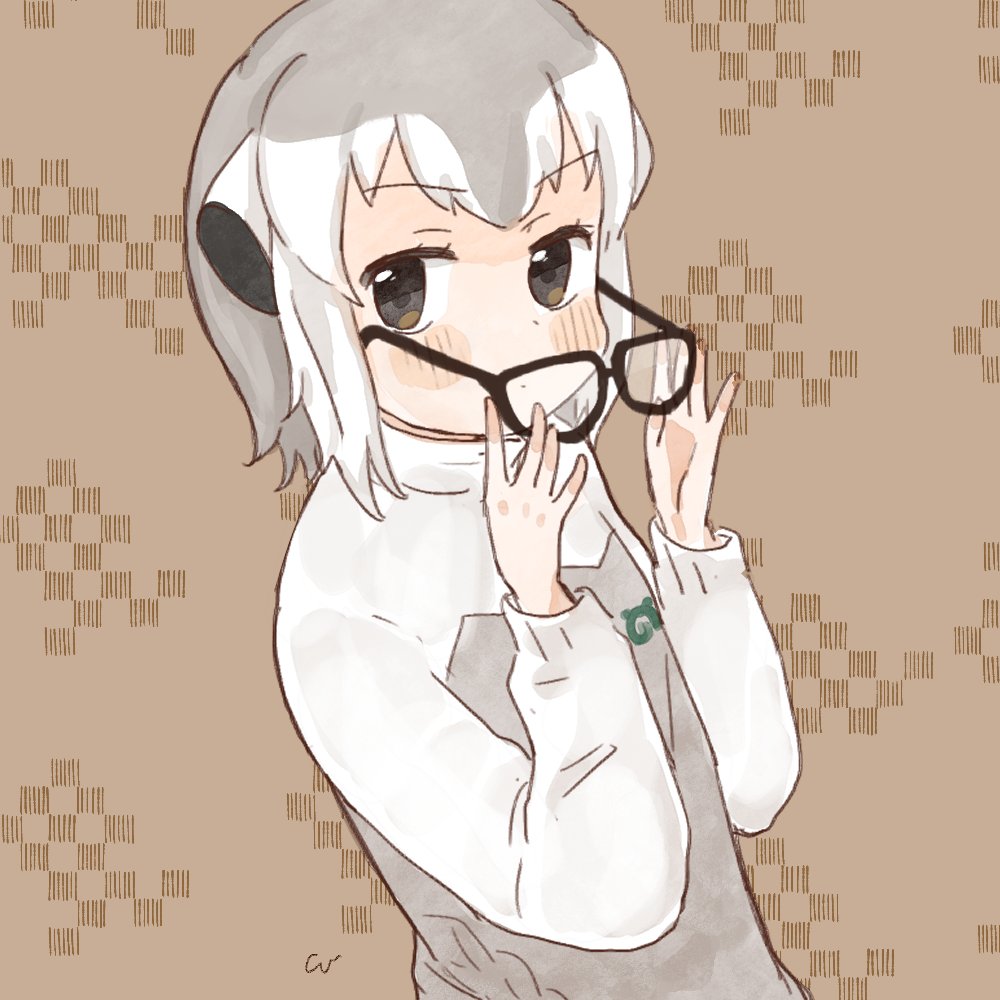 1girl blush brown_eyes close-up commentary_request eyebrows_visible_through_hair glasses grey_hair grey_sweater hands_on_eyewear japari_symbol kemono_friends korean_commentary long_sleeves looking_at_viewer meerkat_(kemono_friends) meerkat_ears multicolored_hair san_sami short_hair solo sweater two-tone_hair two-tone_sweater white_hair white_sweater