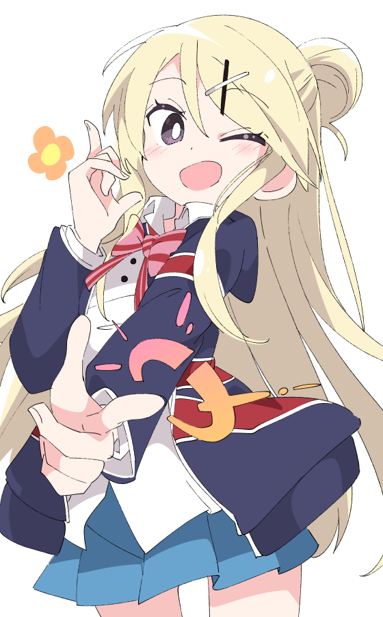 1girl blonde_hair blue_jacket blue_skirt bow bright_pupils collared_shirt eyebrows_visible_through_hair finger_gun flower hair_bun hair_ornament hairclip hand_up ixy jacket kin-iro_mosaic kujou_karen long_hair looking_at_viewer one_eye_closed open_clothes open_jacket open_mouth orange_flower pink_bow pointing school_uniform shirt sidelocks simple_background skirt solo union_jack untucked_shirt very_long_hair violet_eyes white_background white_pupils white_shirt x_hair_ornament