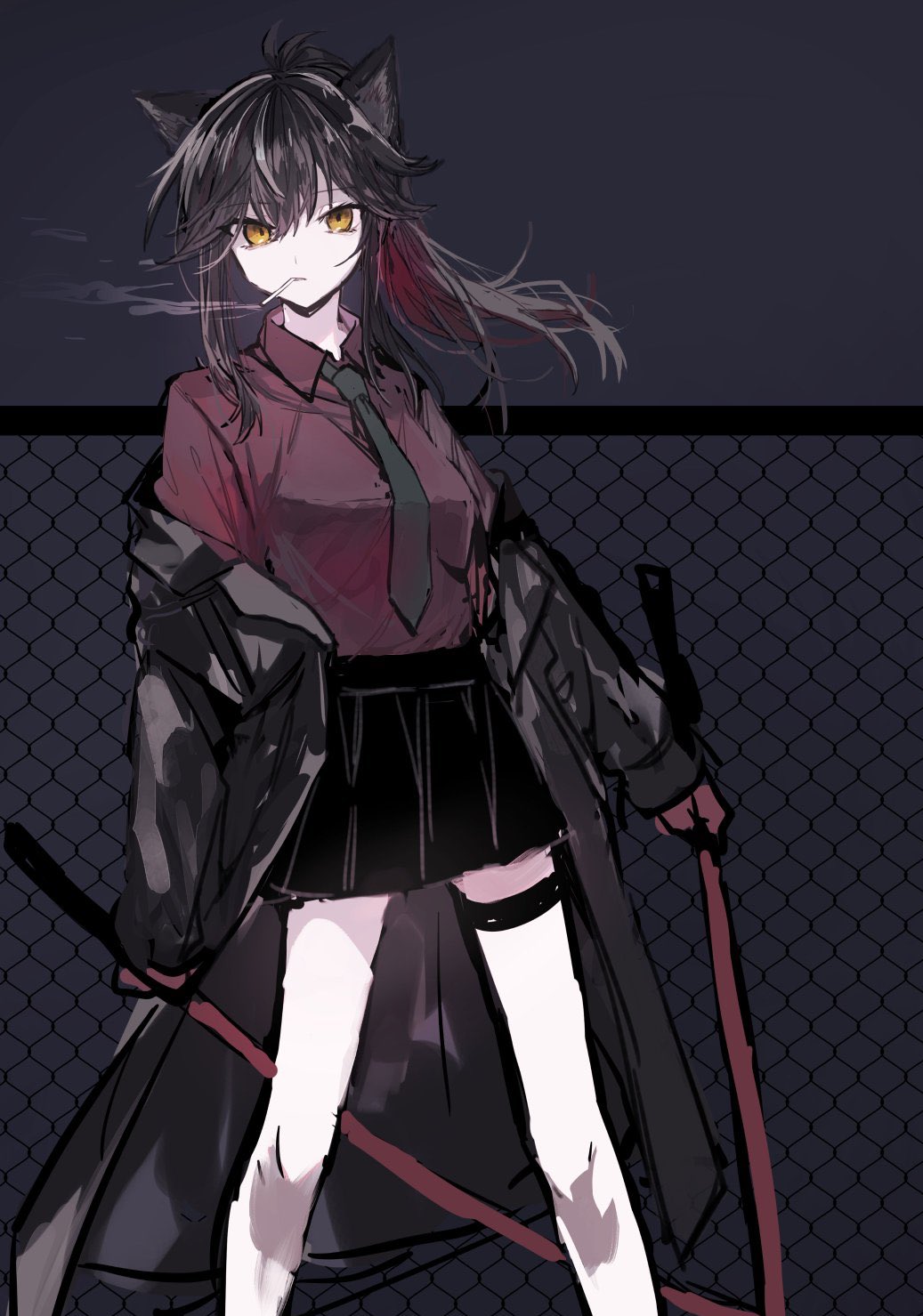 1girl animal_ears arknights black_coat black_hair black_neckwear black_skirt chain-link_fence cigarette coat dark_background dual_wielding feet_out_of_frame fence floating_hair gloves highres holding holding_sword holding_weapon looking_at_viewer mouth_hold multicolored_hair necktie off_shoulder official_alternate_costume red_gloves red_shirt redhead shirt sketch skirt smoking solo standing sword texas_(arknights) texas_(willpower)_(arknights) thigh_strap two-tone_hair uawa weapon wolf_ears yellow_eyes