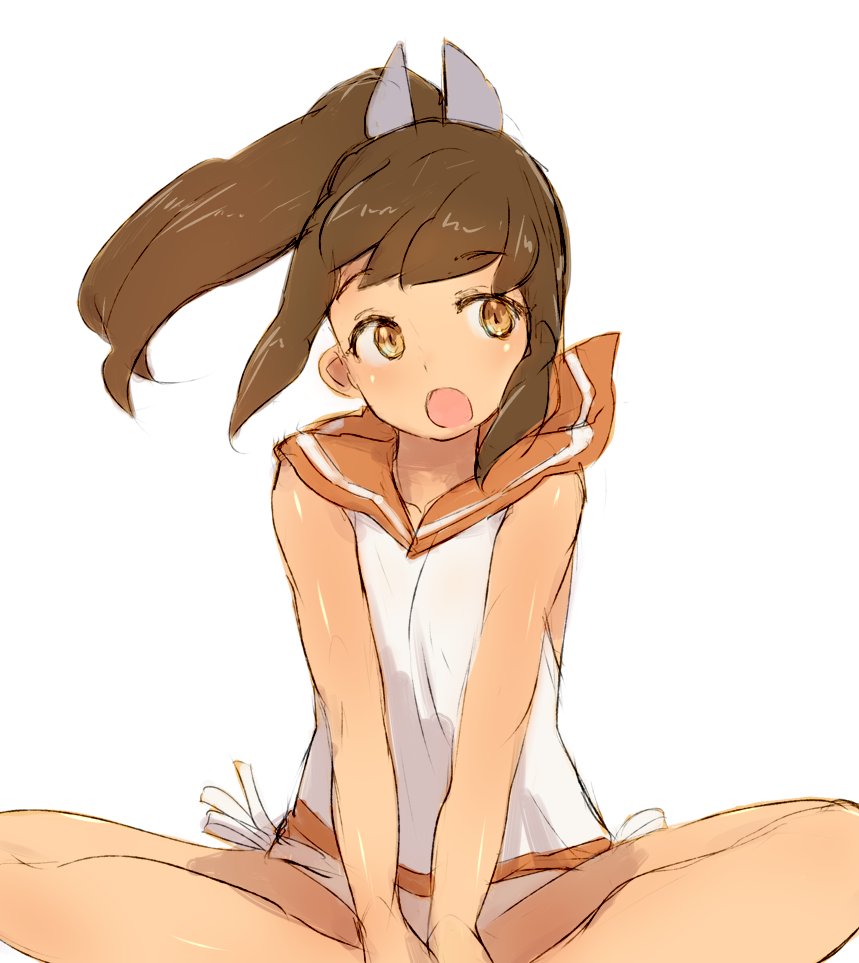 1girl alchera brown_eyes brown_hair covering covering_crotch hair_ornament hairclip i-401_(kancolle) kantai_collection no_panties orange_sailor_collar ponytail sailor_collar shirt short_ponytail side-tie_shirt sideways_glance simple_background sleeveless sleeveless_shirt solo tan tanline white_background