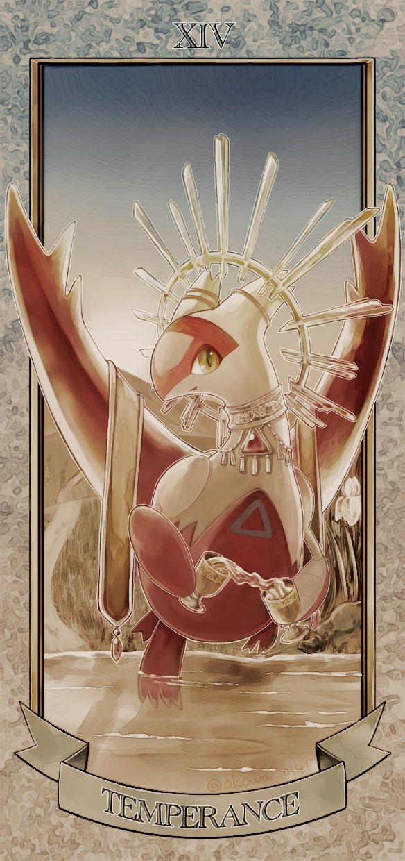 claws commentary gen_3_pokemon goblet highres holding jewelry latias legendary_pokemon looking_at_viewer no_humans okowa_0141 pokemon pokemon_(creature) roman_numeral smile tarot temperance_(tarot) yellow_eyes